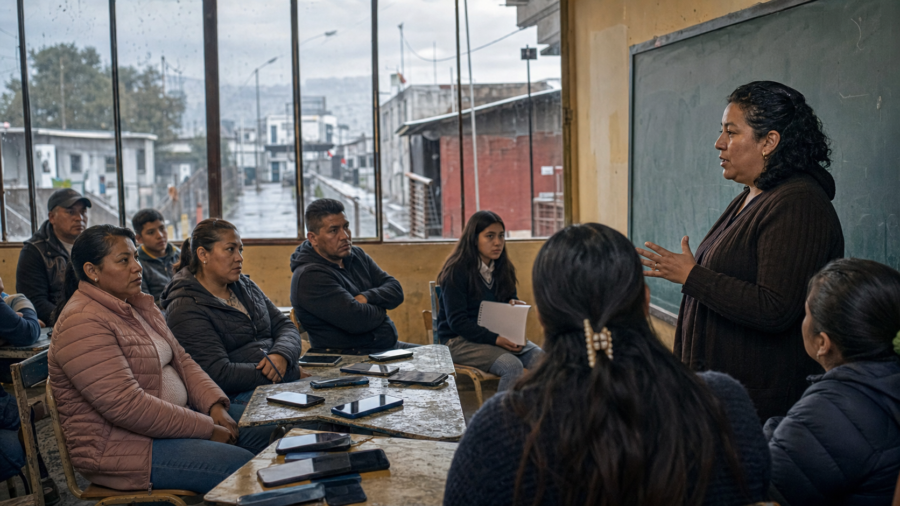 Docentes, familias y estudiantes dialogan sobre el uso de celulares en una escuela mexicana.