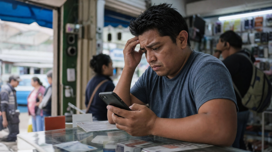 Persona revisa el registro de una línea celular en un mostrador de telecomunicaciones.