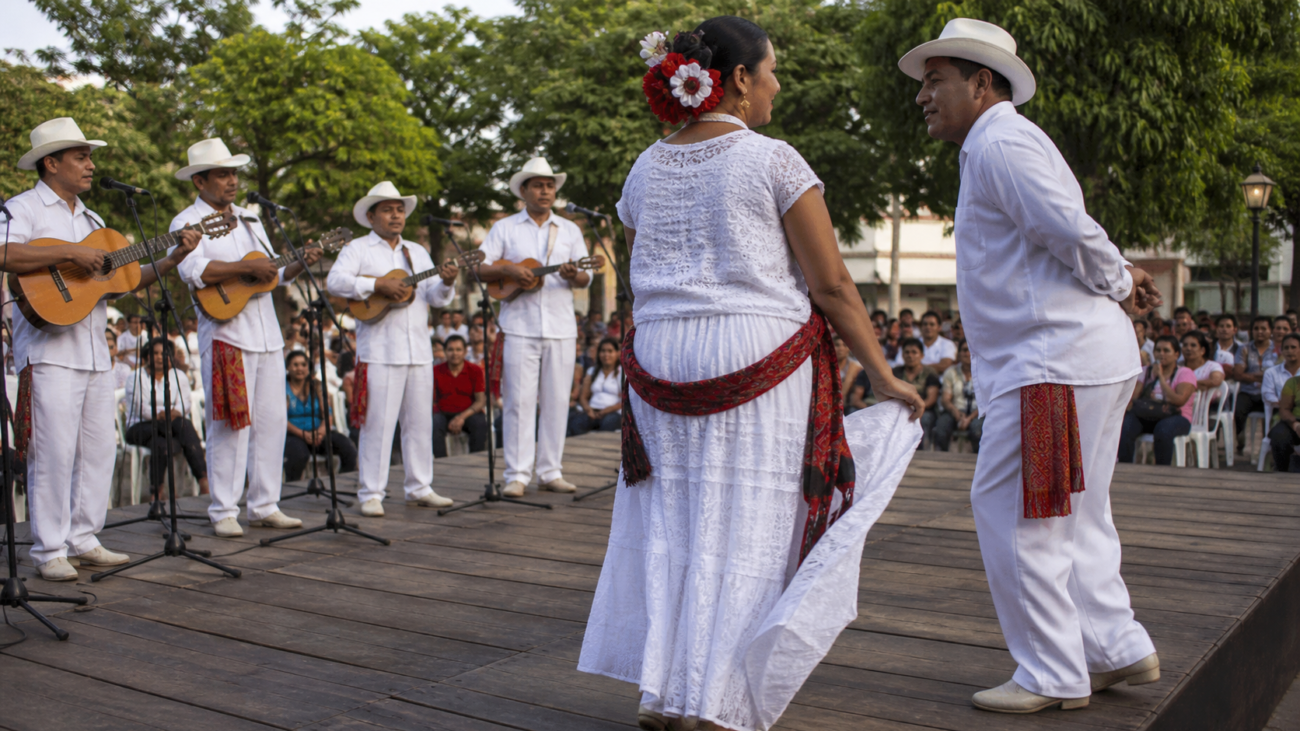 Músicos de son jarocho tocan jarana alrededor de una tarima mientras la comunidad observa y baila.