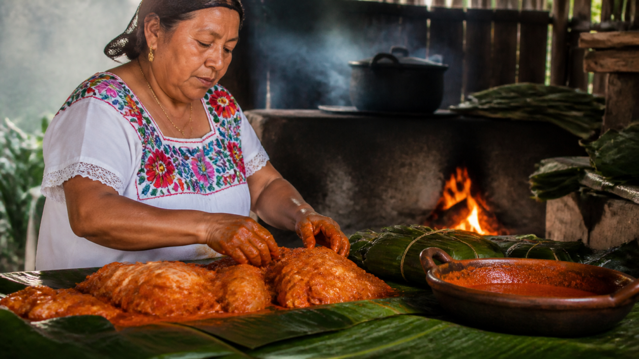 Cocinera yucateca abre un horno de tierra con una olla de cochinita pibil envuelta en hojas.