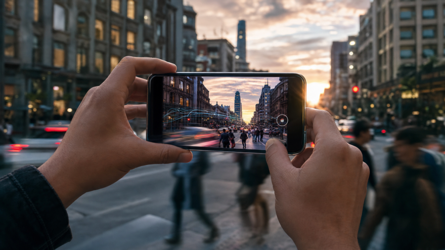 Persona fotografía una escena de Ciudad de México con un teléfono inteligente de nueva generación.