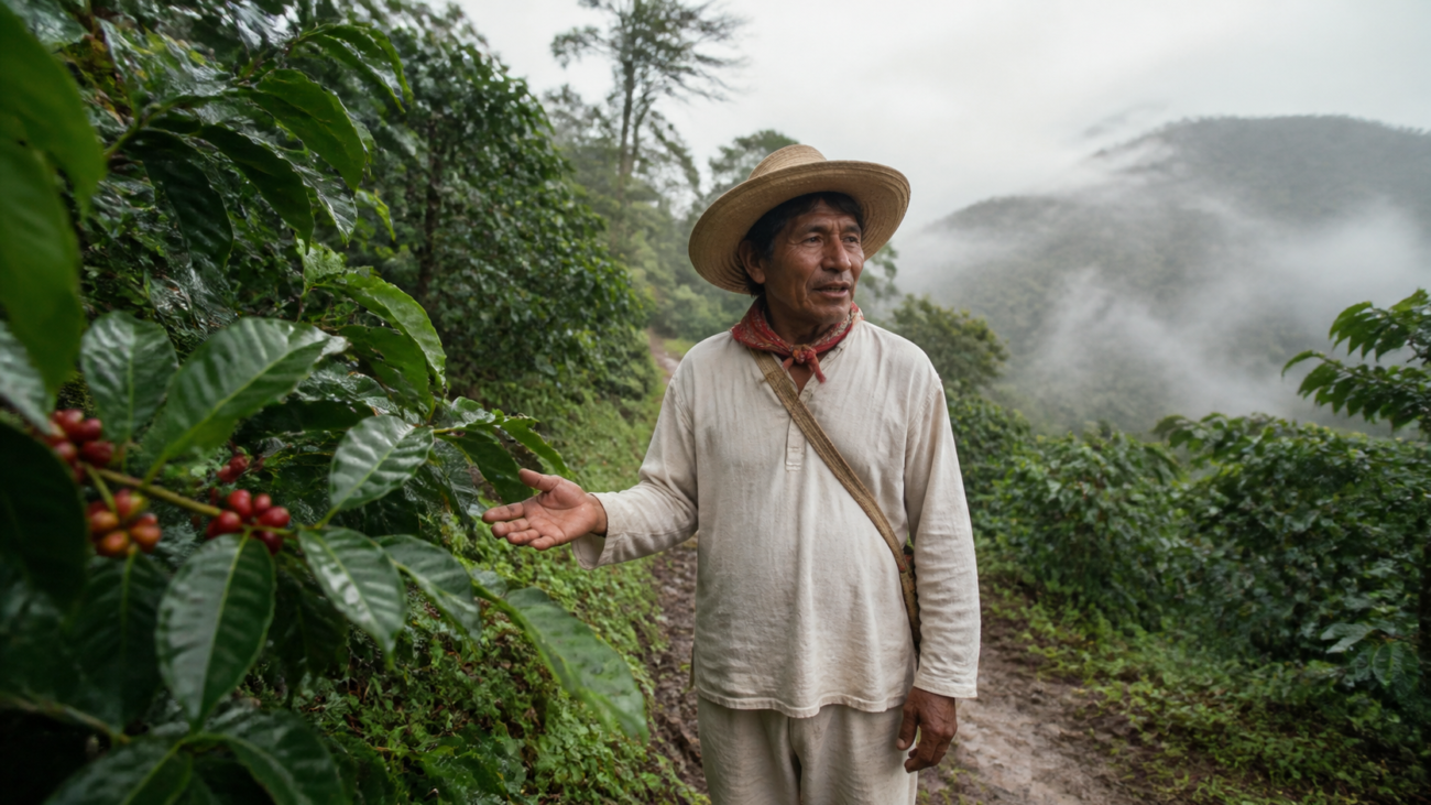 Sendero húmedo de Cuetzalan entre vegetación de sierra, con una guía comunitaria y visitantes a distancia.