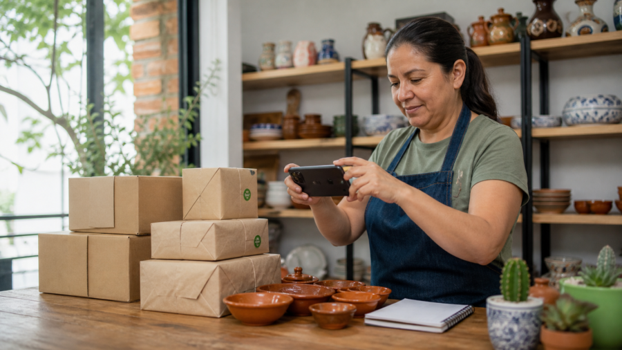Persona administrando un pequeño catálogo de productos en línea desde un teléfono junto a paquetes listos para entrega.